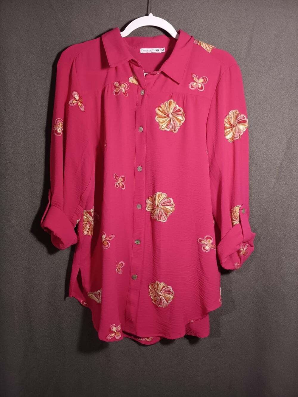 Anthropologie Figueroa & Flower Hot Pink Embroidered Peasant Blouse Women Medium